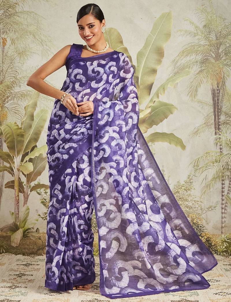 Purple printed blended cotton designer saree with blouse piece
