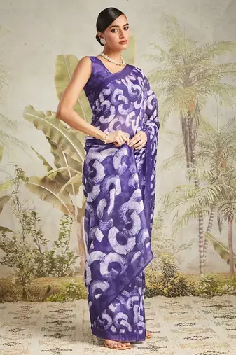 Purple printed blended cotton designer saree with blouse piece