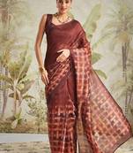 Maroon printed blended cotton designer saree with blouse piece