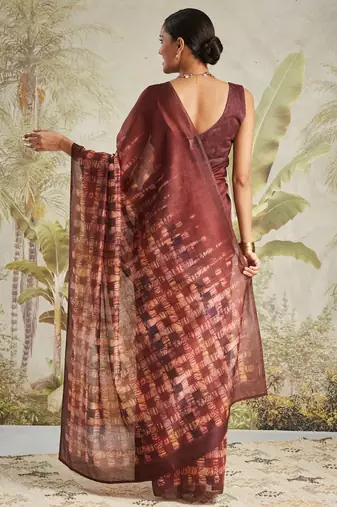 Maroon printed blended cotton designer saree with blouse piece