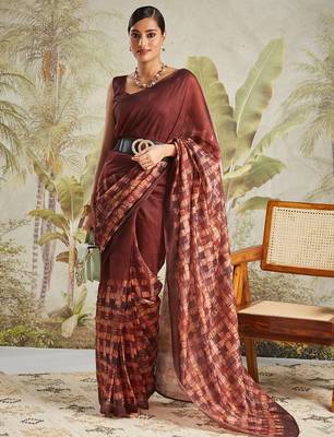 Maroon printed blended cotton designer saree with blouse piece 5