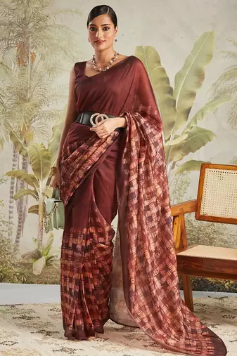 Maroon printed blended cotton designer saree with blouse piece