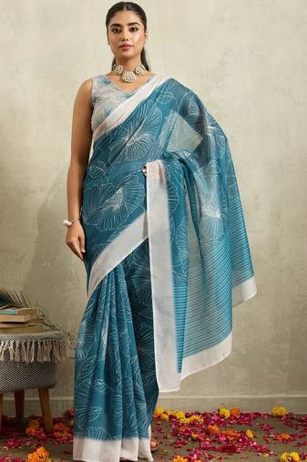 Blue printed blended cotton designer saree with blouse piece