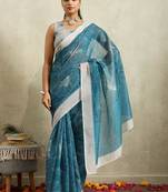 Blue printed blended cotton designer saree with blouse piece