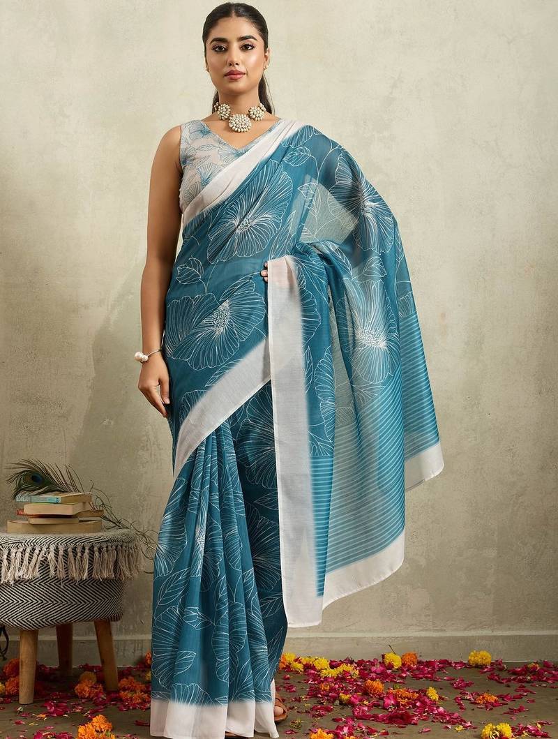 Blue printed blended cotton designer saree with blouse piece