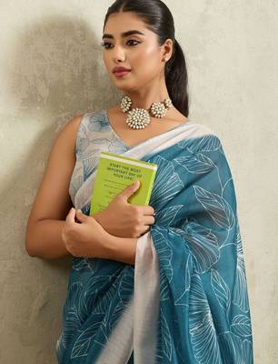 Blue printed blended cotton designer saree with blouse piece 2