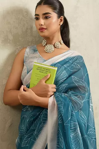Blue printed blended cotton designer saree with blouse piece
