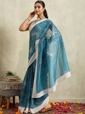 Blue printed blended cotton designer saree with blouse piece 3