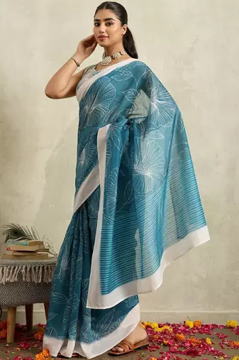 Blue printed blended cotton designer saree with blouse piece
