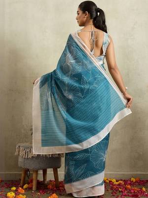 Blue printed blended cotton designer saree with blouse piece 4