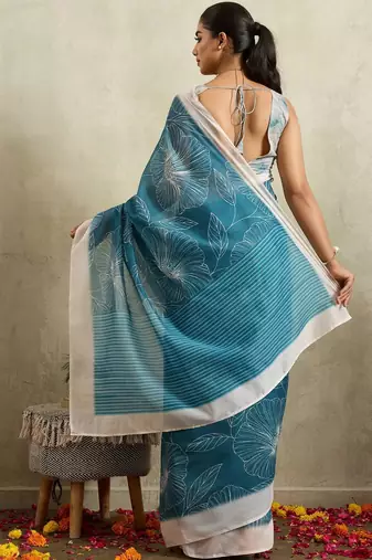 Blue printed blended cotton designer saree with blouse piece