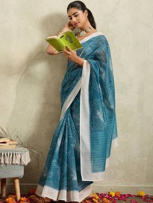 Blue printed blended cotton designer saree with blouse piece 5