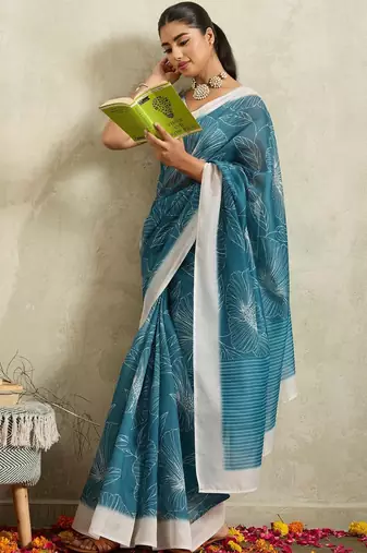 Blue printed blended cotton designer saree with blouse piece