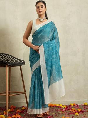 Teal printed blended cotton designer saree with blouse piece 1