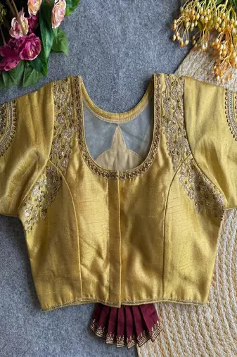 Golden beige bridal designer readymade blouse for women | royal couple embroidery back blouse