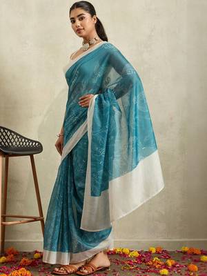Teal printed blended cotton designer saree with blouse piece 2