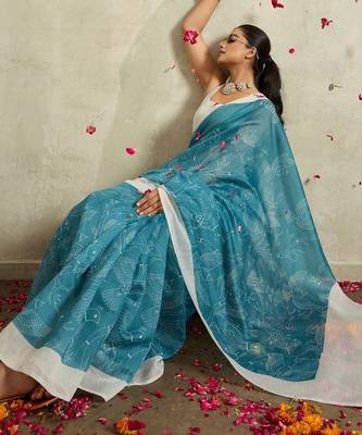 Teal printed blended cotton designer saree with blouse piece 5