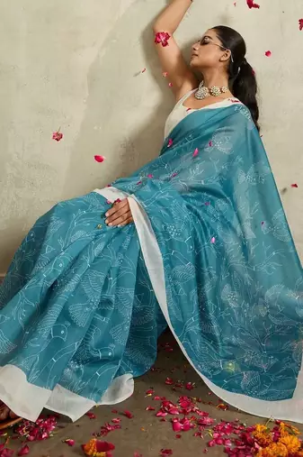 Teal printed blended cotton designer saree with blouse piece