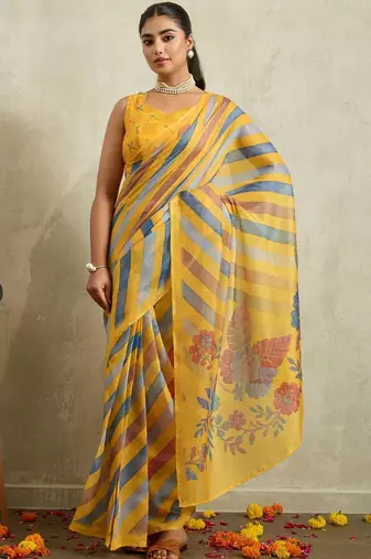 Yellow printed blended cotton designer saree with blouse piece