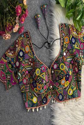 Women black heavy mirror work navratri blouse | gamthi embroidery italian silk choli 1