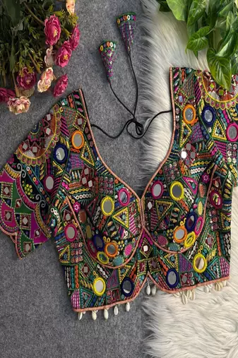 Women black heavy mirror work navratri blouse | gamthi embroidery italian silk choli