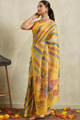 Yellow printed blended cotton designer saree with blouse piece