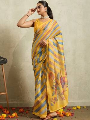 Yellow printed blended cotton designer saree with blouse piece 4