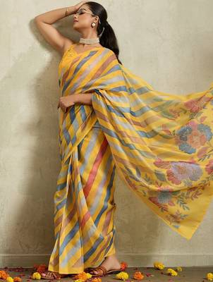 Yellow printed blended cotton designer saree with blouse piece 5