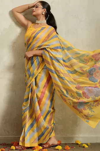 Yellow printed blended cotton designer saree with blouse piece