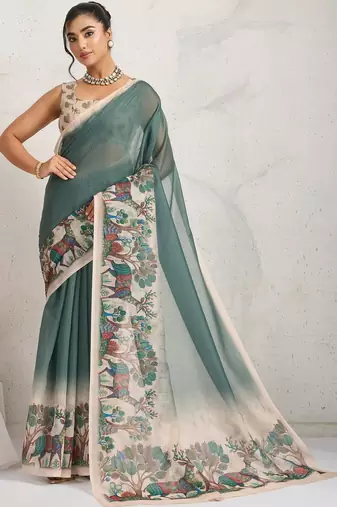 Green printed blended cotton designer saree with blouse piece