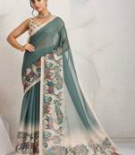Green printed blended cotton designer saree with blouse piece