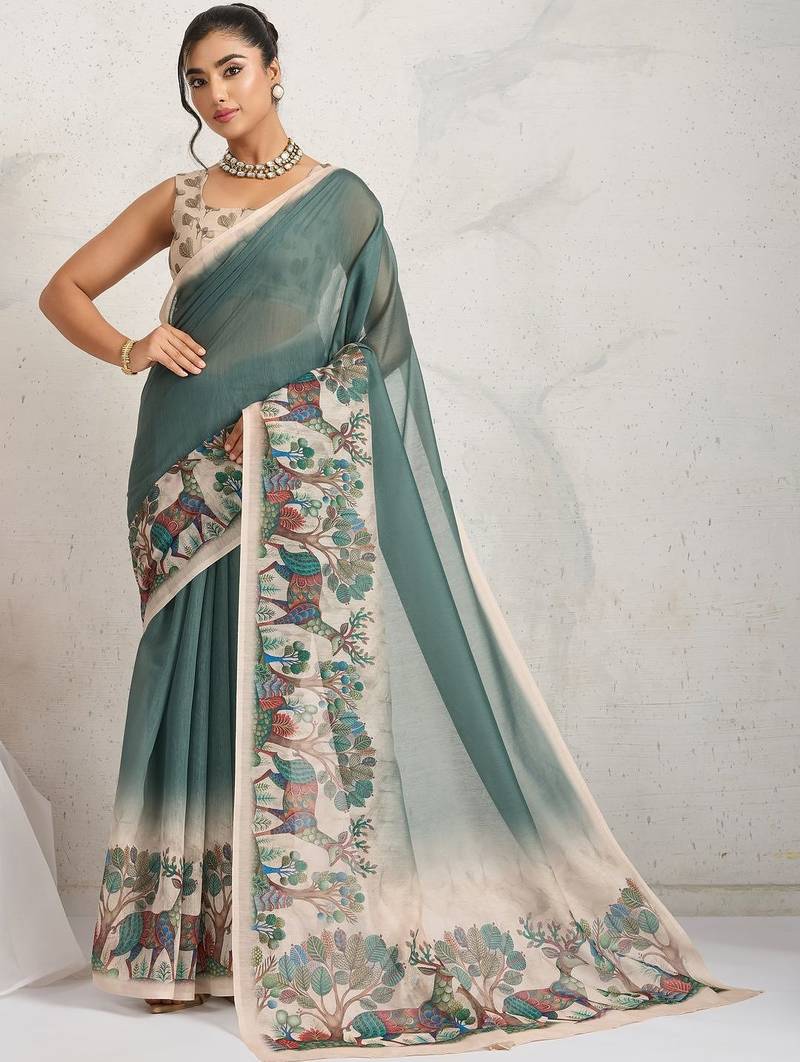 Green printed blended cotton designer saree with blouse piece