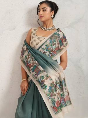 Green printed blended cotton designer saree with blouse piece 2