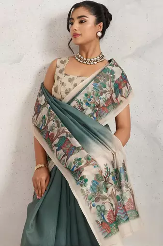 Green printed blended cotton designer saree with blouse piece
