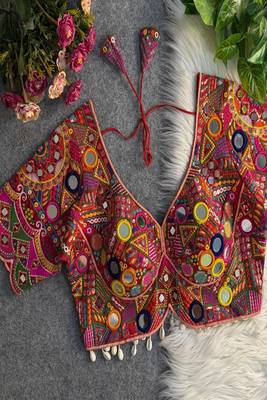 Women's red multicolor mirror work navratri blouse | heavy gamthi embroidery italian silk choli 1