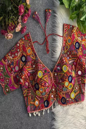Women's red multicolor mirror work navratri blouse | heavy gamthi embroidery italian silk choli