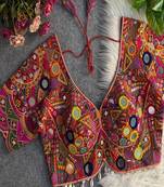 Women's red multicolor mirror work navratri blouse | heavy gamthi embroidery italian silk choli