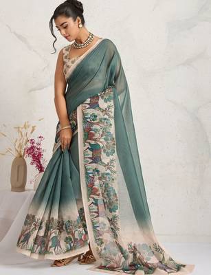 Green printed blended cotton designer saree with blouse piece 3