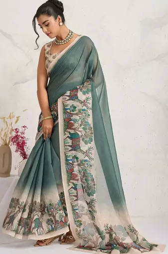 Green printed blended cotton designer saree with blouse piece
