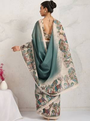 Green printed blended cotton designer saree with blouse piece 4