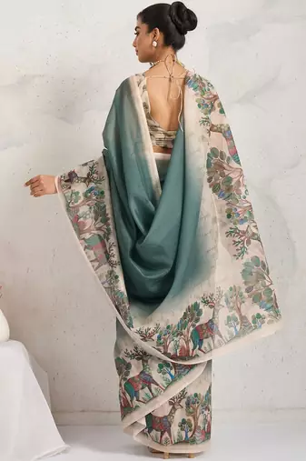Green printed blended cotton designer saree with blouse piece