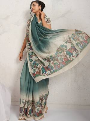 Green printed blended cotton designer saree with blouse piece 5