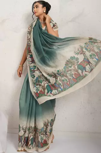 Green printed blended cotton designer saree with blouse piece
