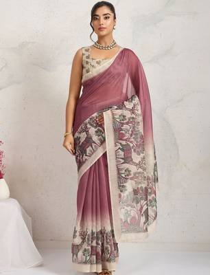Pink printed blended cotton designer saree with blouse piece 1