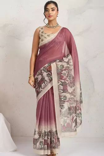 Pink printed blended cotton designer saree with blouse piece