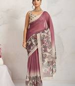 Pink printed blended cotton designer saree with blouse piece