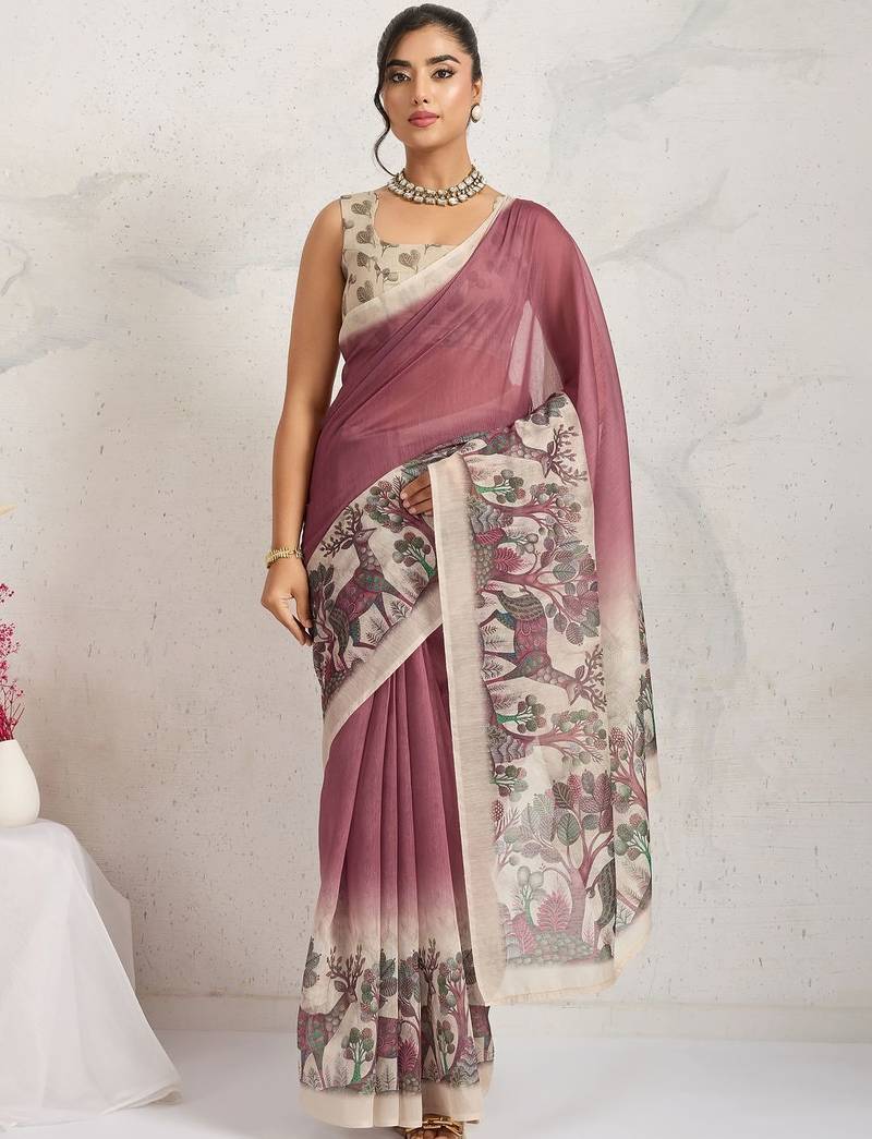 Pink printed blended cotton designer saree with blouse piece