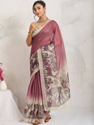 Pink printed blended cotton designer saree with blouse piece 2