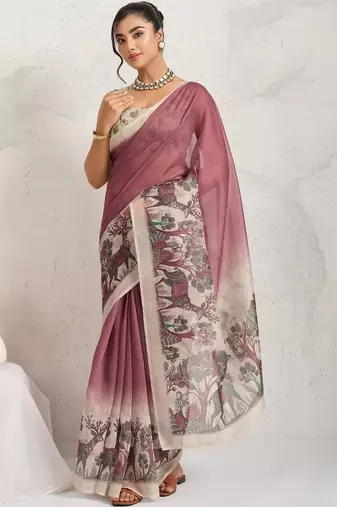 Pink printed blended cotton designer saree with blouse piece