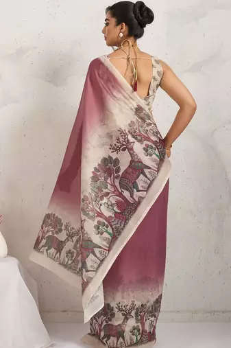 Pink printed blended cotton designer saree with blouse piece